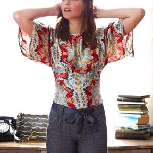 AKA New York Red Ruffled Fitted Blouse by Anthropologie